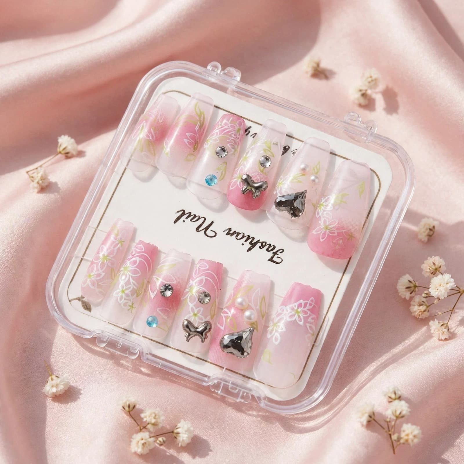 Fashion Nail Pink Ombre Floral & Star Rhinestone Nails