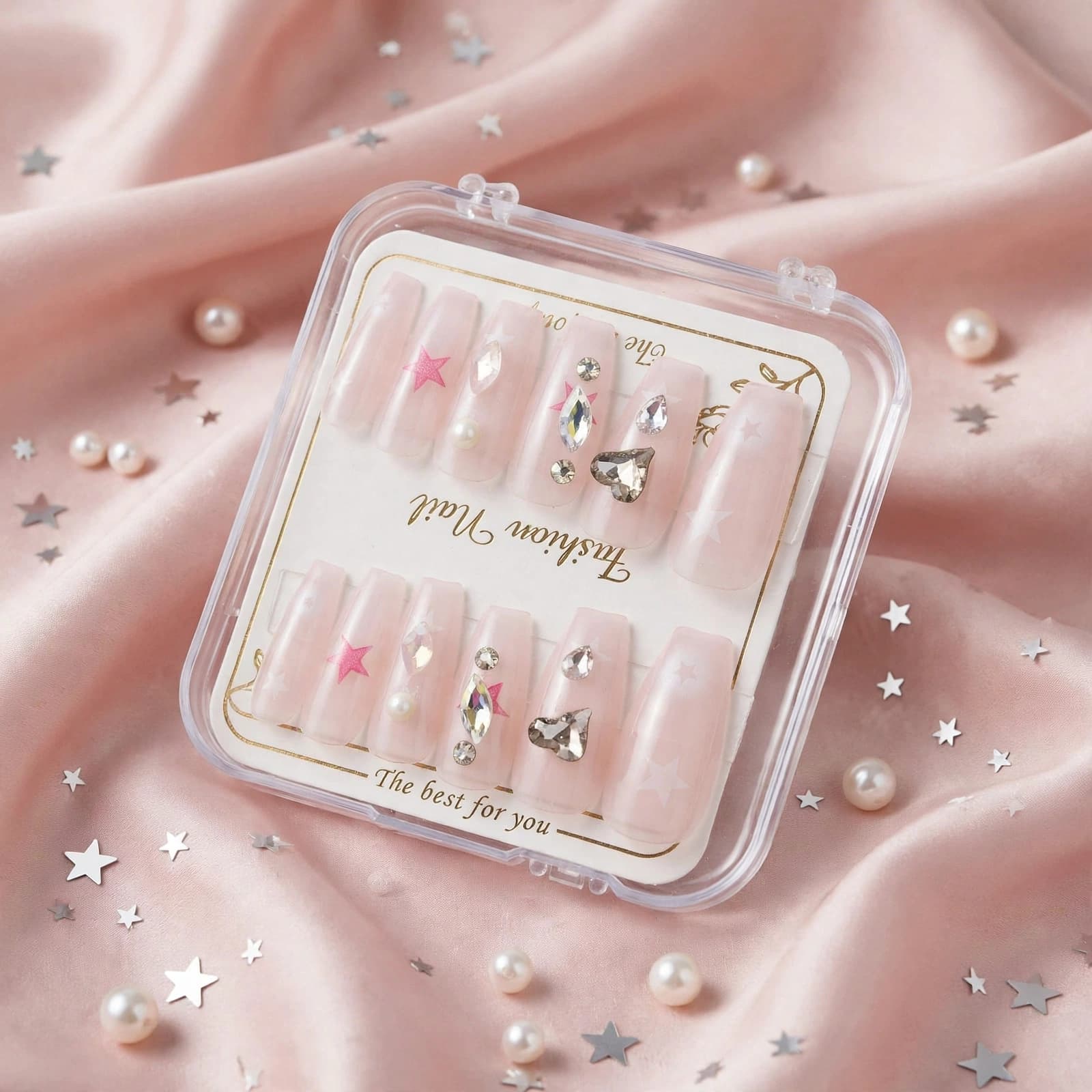 Fashion Nail Pink Star & Heart Gem Press-On Nails