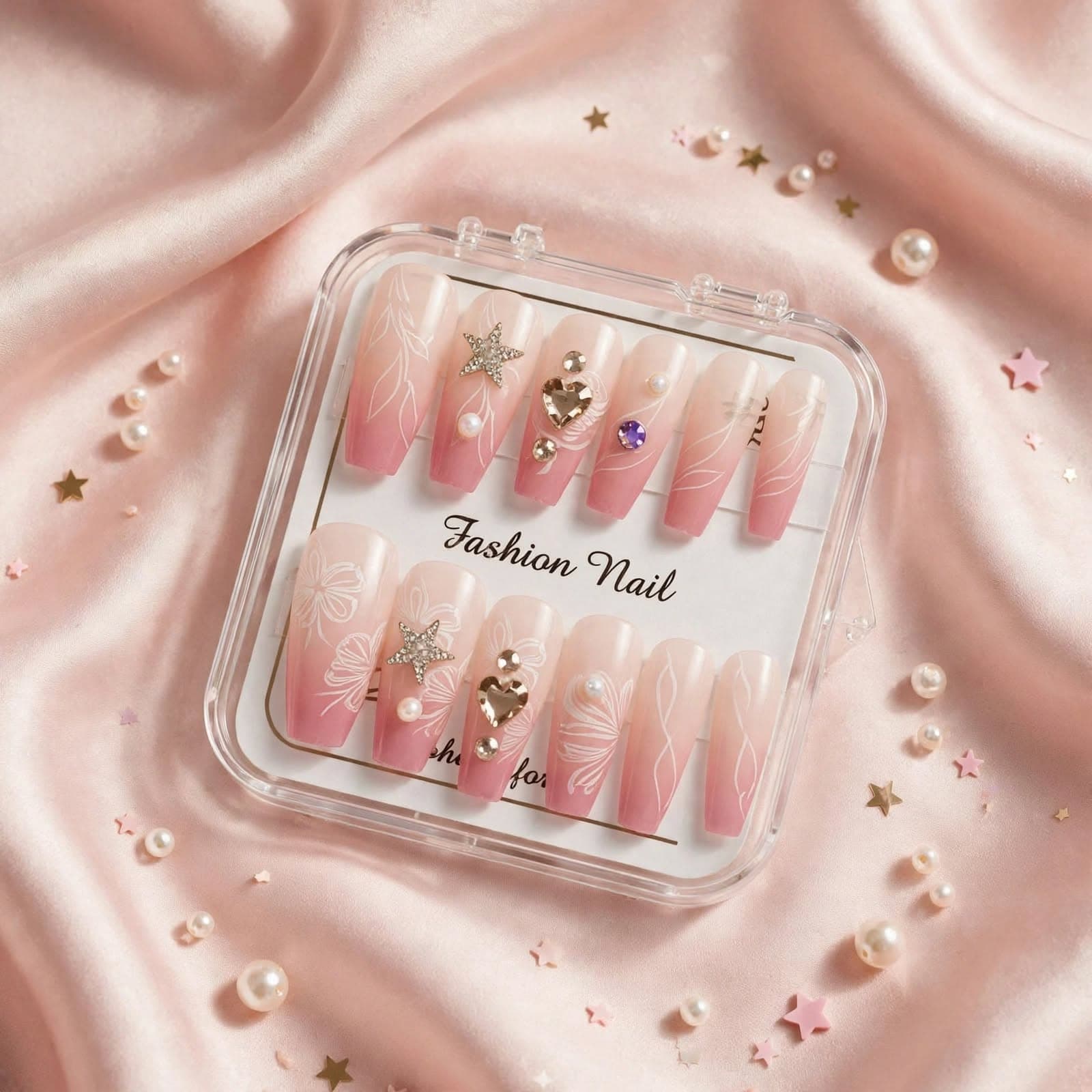 Fashion Nail Pink Star & Rose Gem Press-On Nails