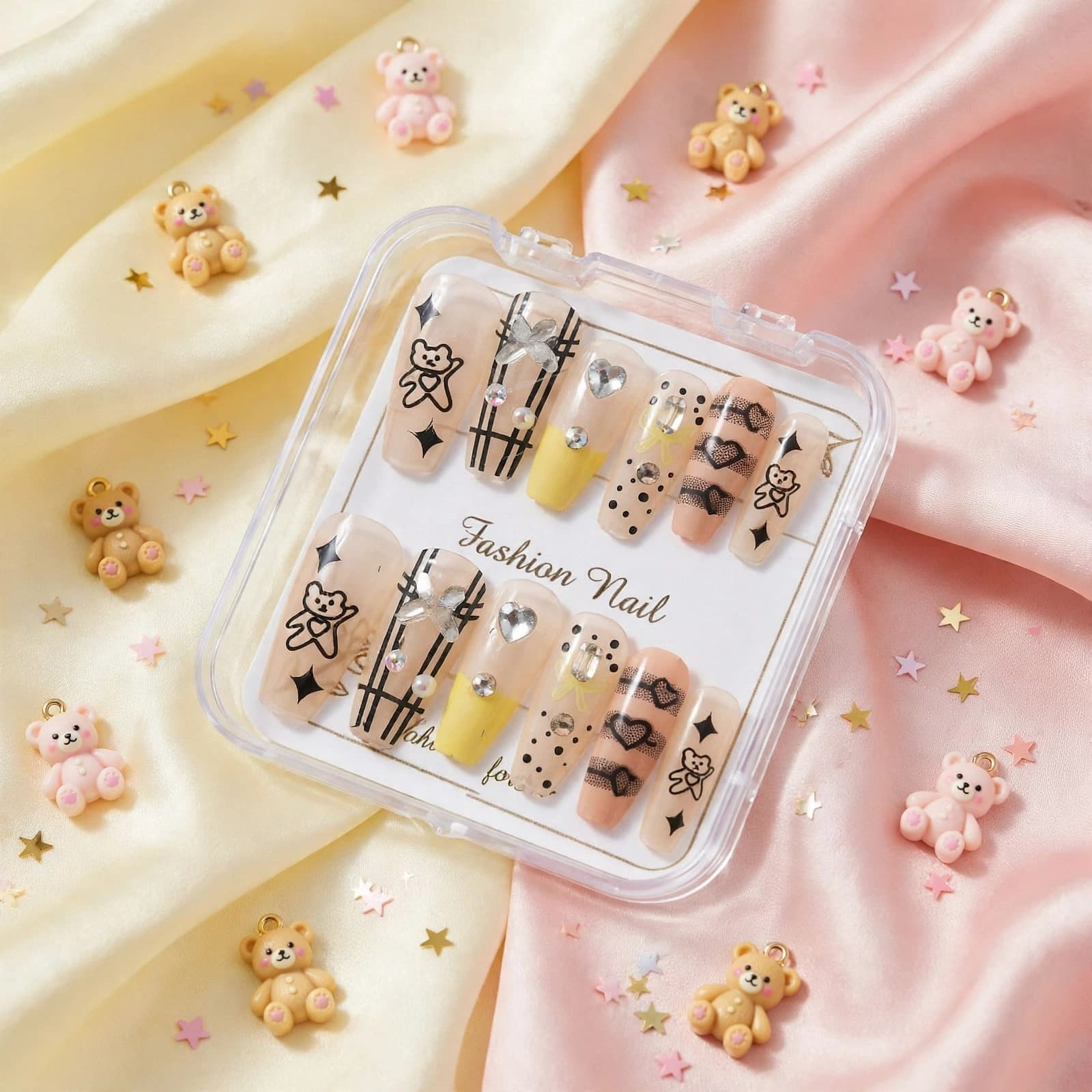 Fashion Nail Teddy Bear & Checkered Press-On Nails