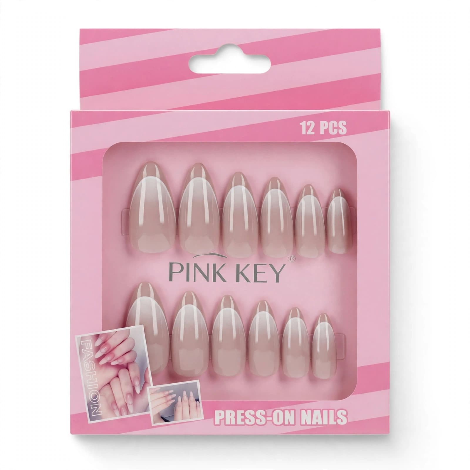 Pink Key Classic French Tip Press-On Nails Set (12 Pcs)