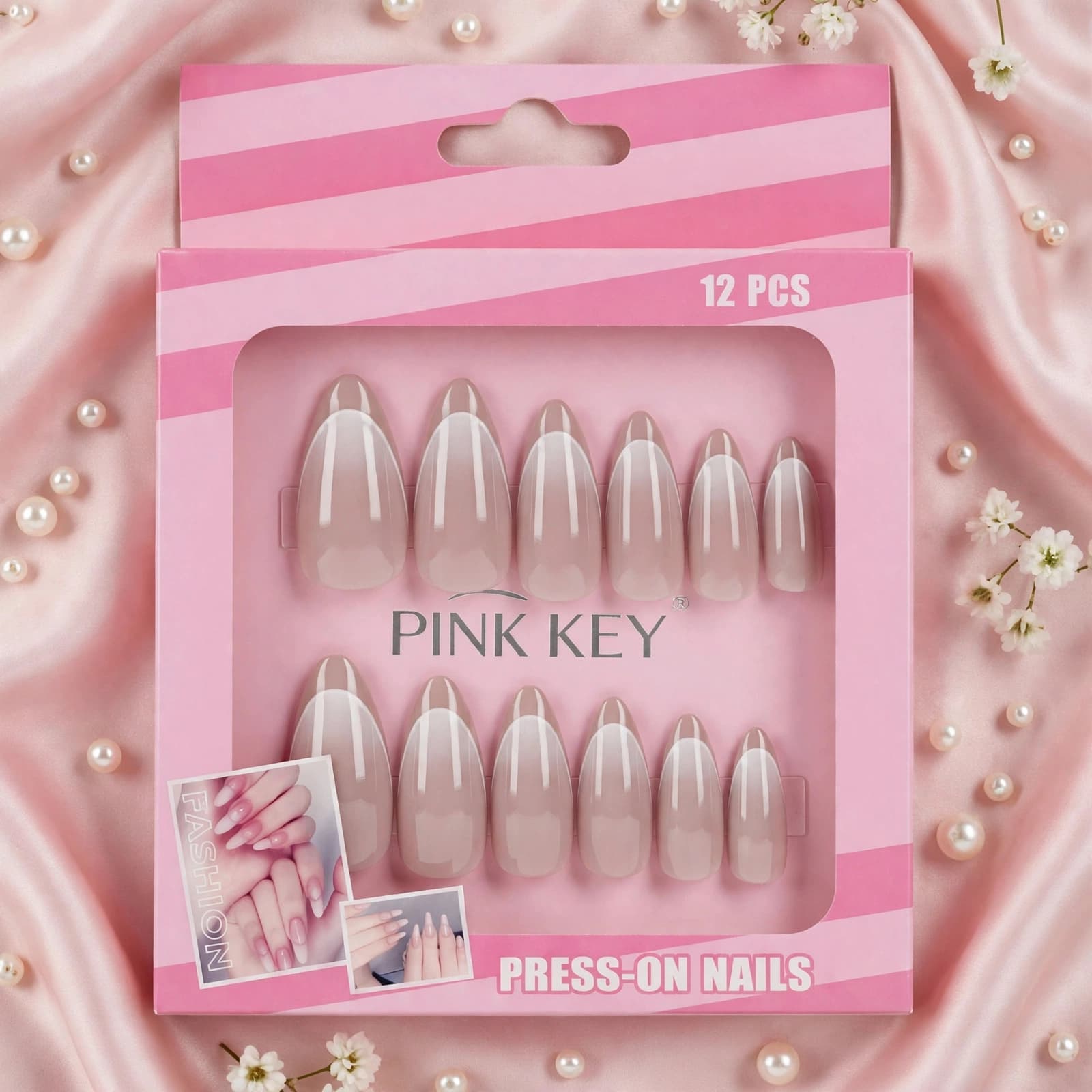 Pink Key Classic French Tip Press-On Nails Set (12 Pcs)