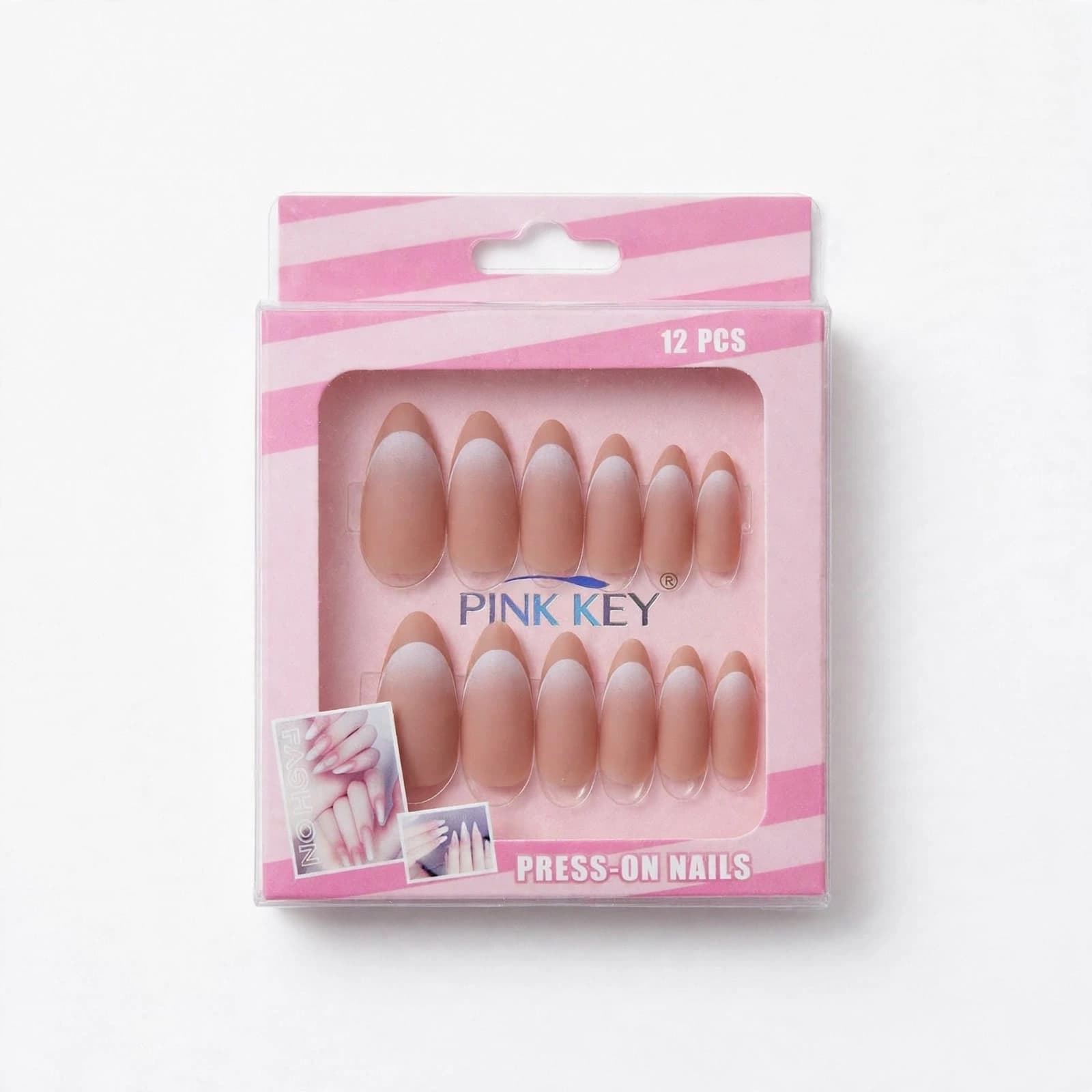 Pink Key French Manicure Press-On Nails Set (12 Pcs)