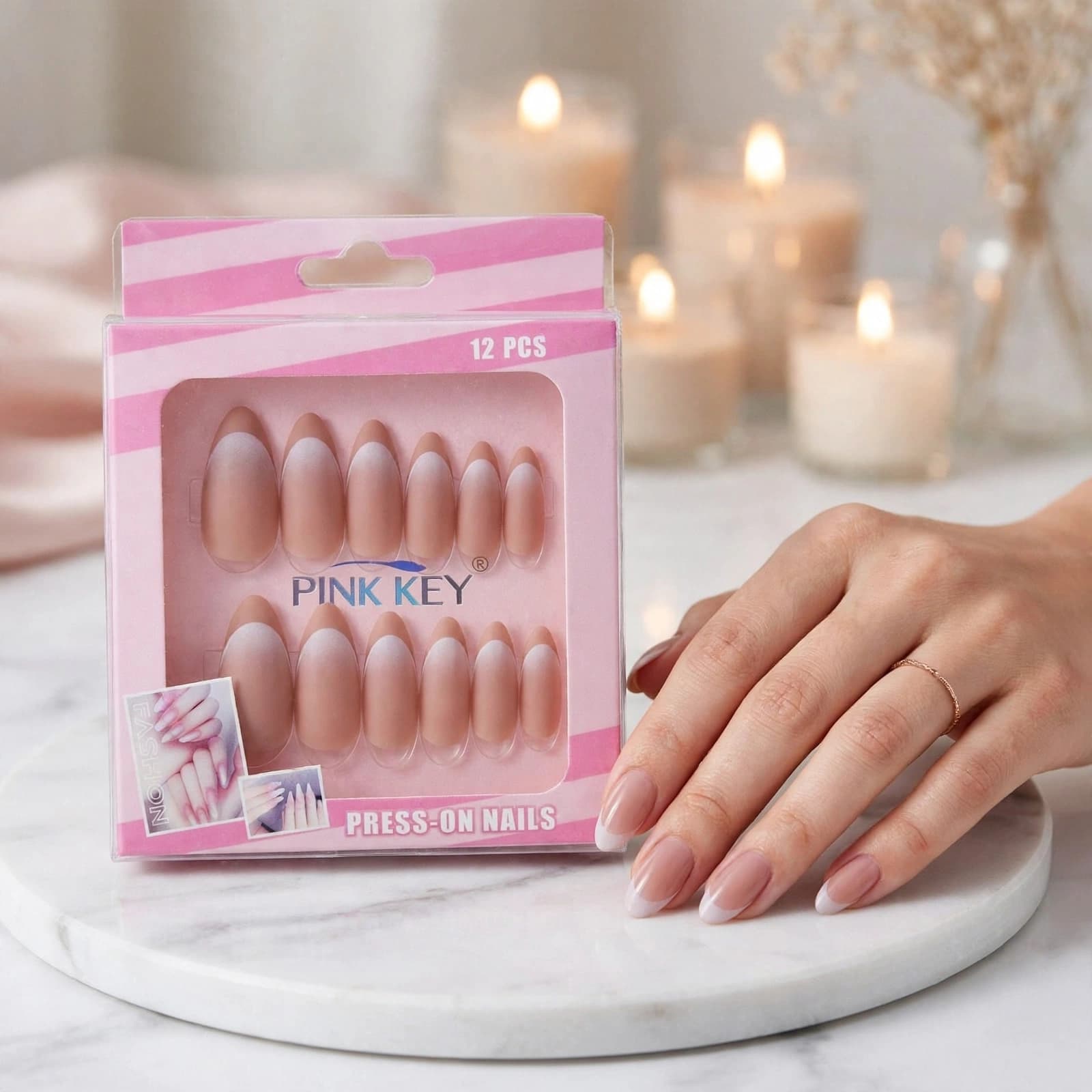 Pink Key French Manicure Press-On Nails Set (12 Pcs)