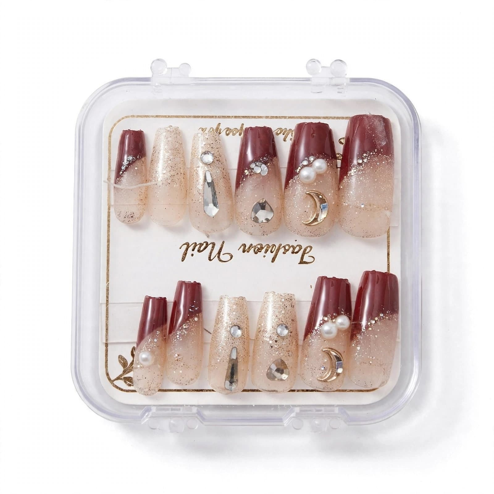 Fashion Nail Burgundy Glitter Ombre Moon Gem Press-On Nails