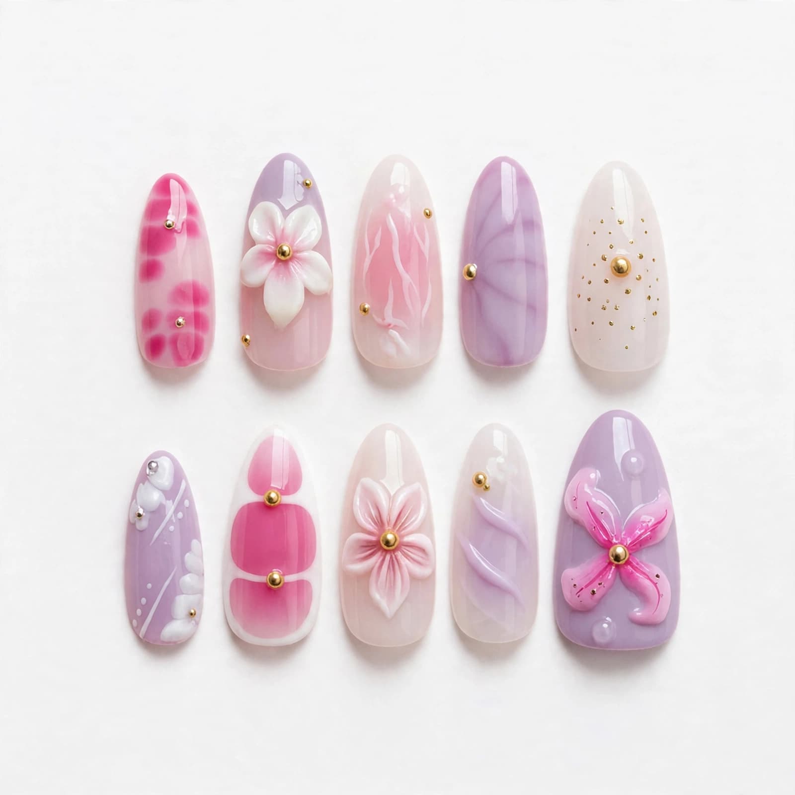 Fashion Nail Floral Print Pink Butterfly Gem Press-On Nails