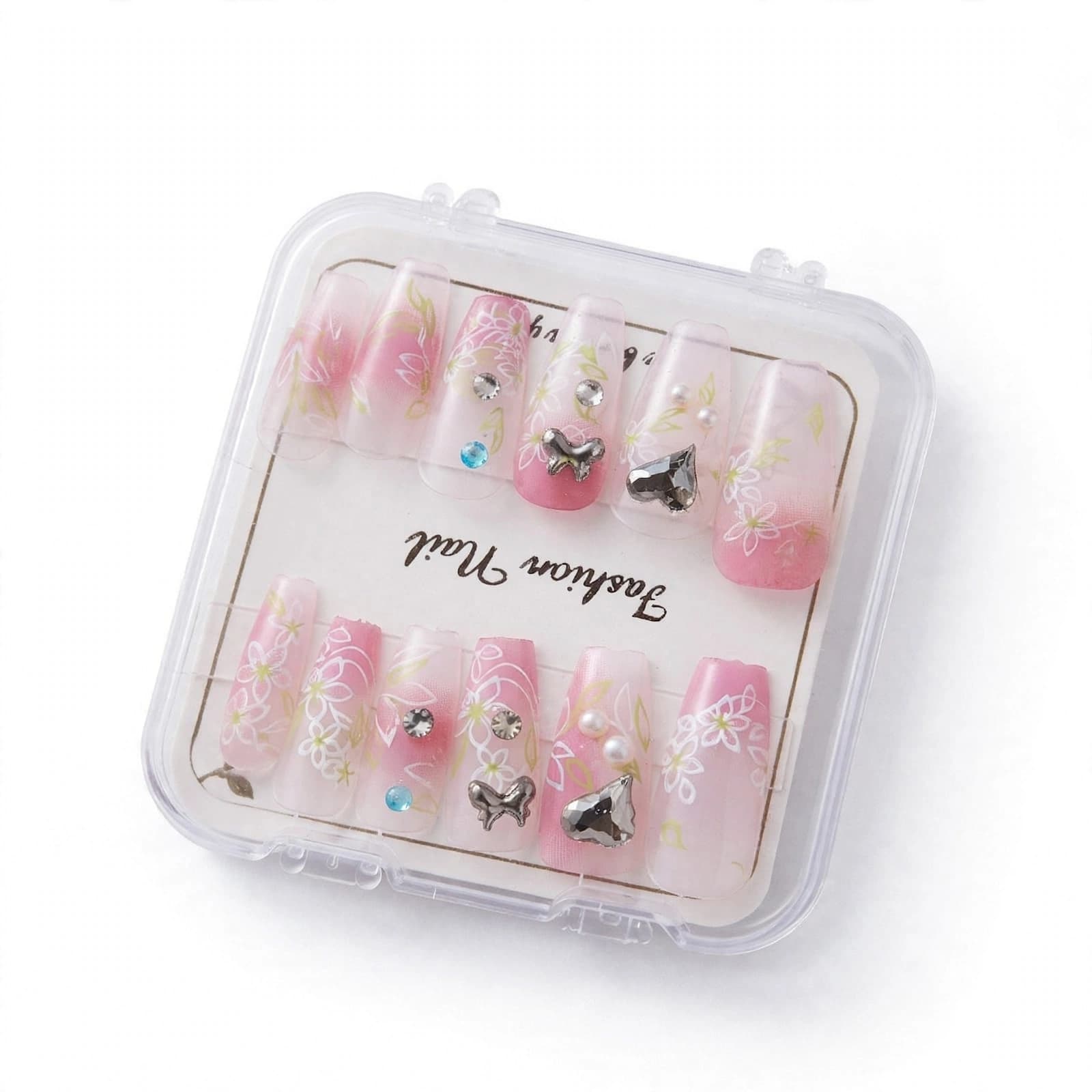Fashion Nail Pink Ombre Floral & Star Rhinestone Nails