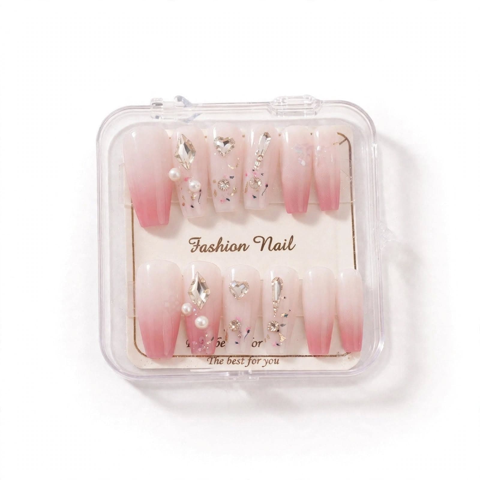 Fashion Nail Pink Ombre Heart & Pearl Press-On Nails