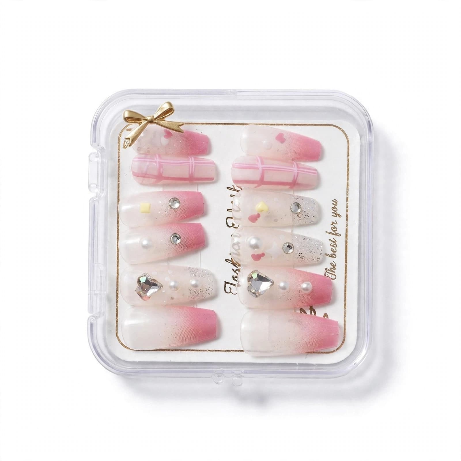 Fashion Nail Pink Plaid & Gold Bow Rhinestone Press-On Nails