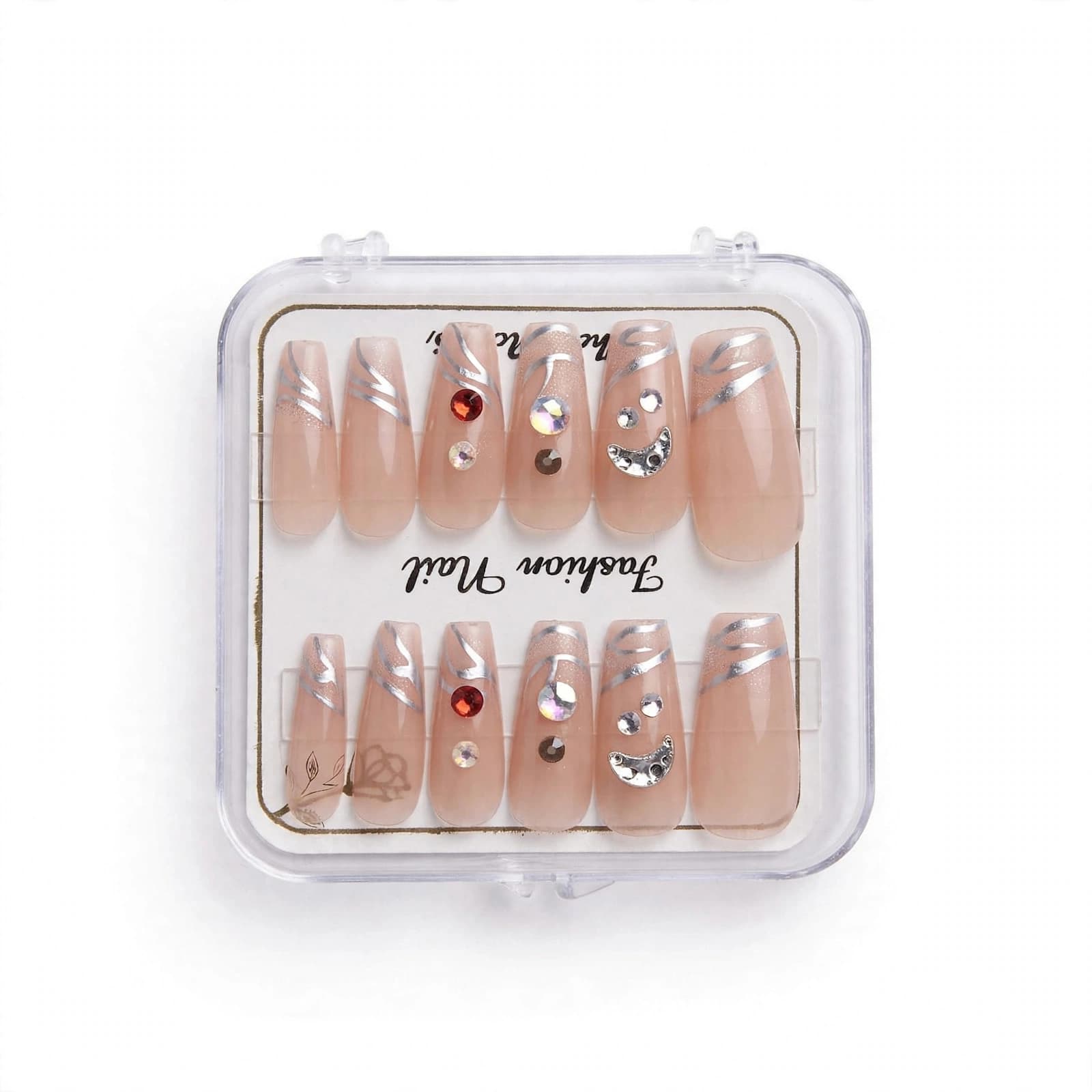 Fashion Nail Silver Swirl Rhinestone Press-On Nails