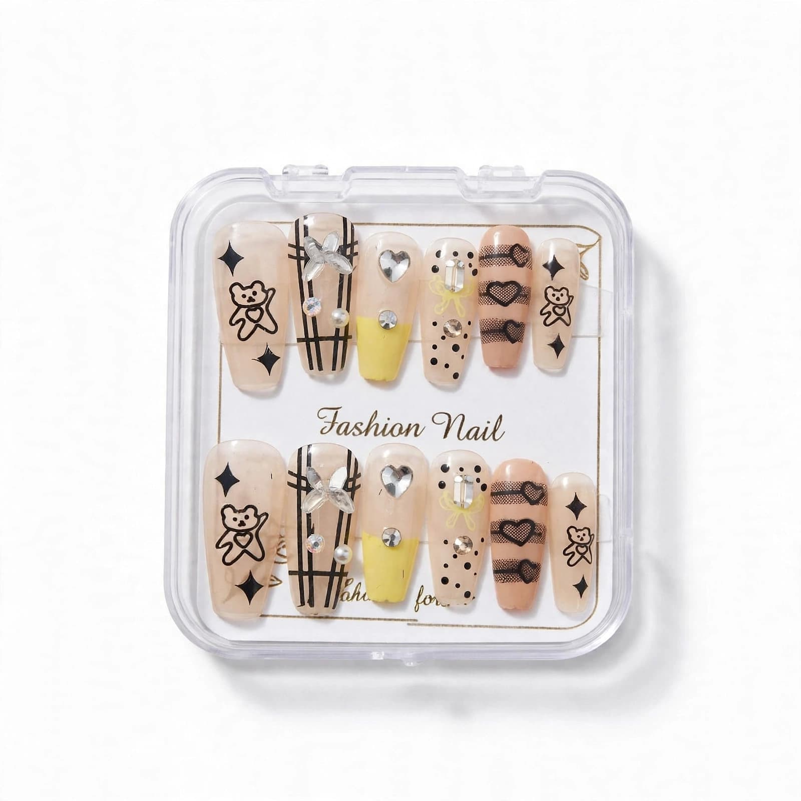 Fashion Nail Teddy Bear & Checkered Press-On Nails