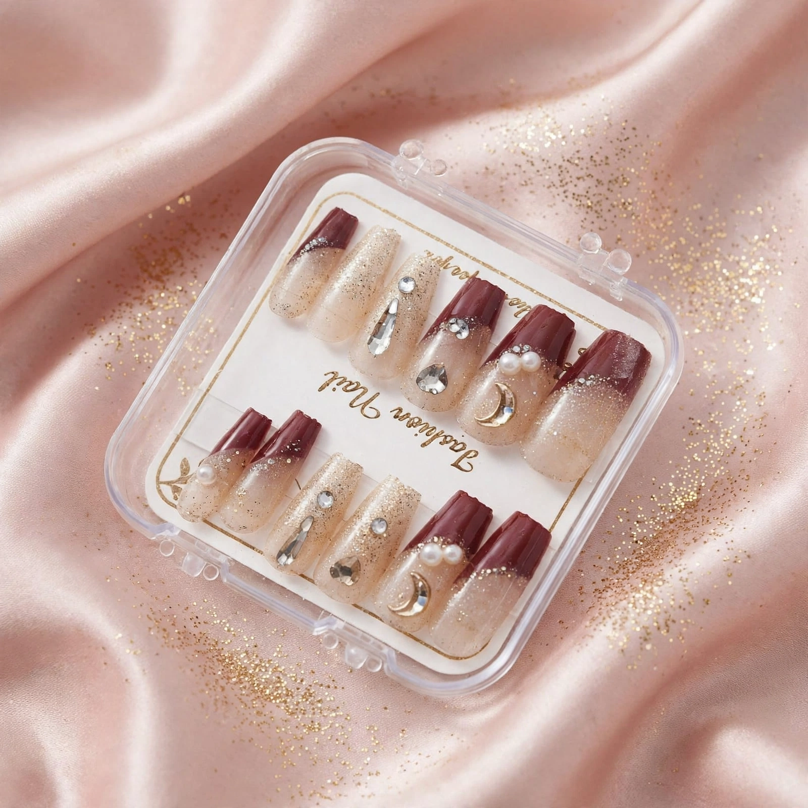 Fashion Nail Burgundy Glitter Ombre Moon Gem Press-On Nails thumbnail 2