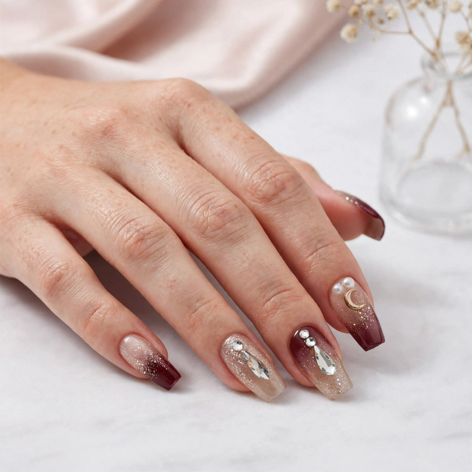 Fashion Nail Burgundy Glitter Ombre Moon Gem Press-On Nails thumbnail 3
