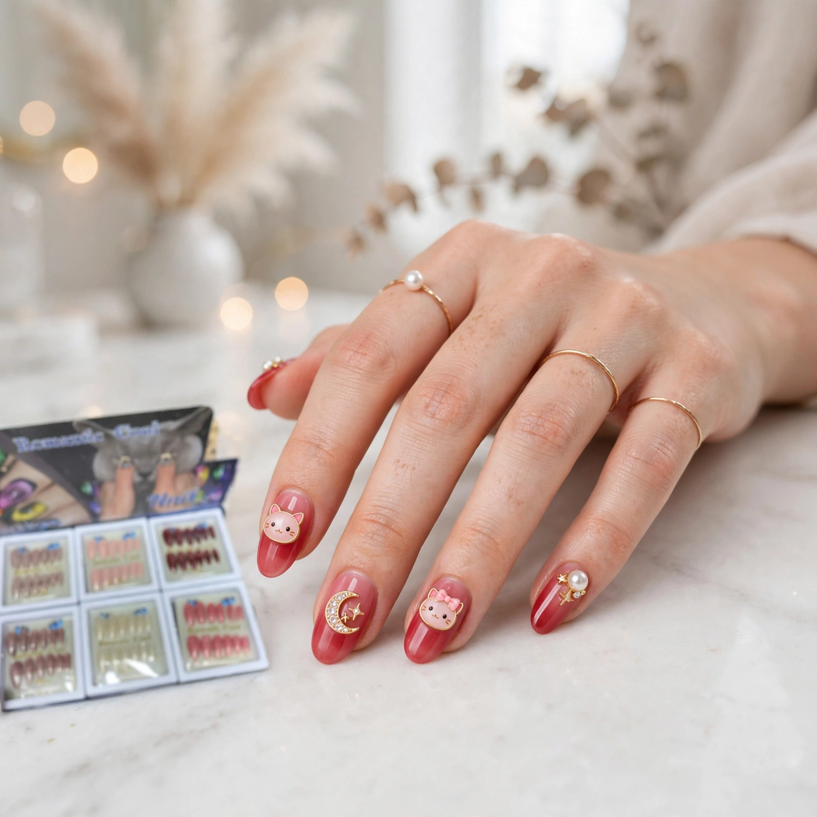 Fashion Nail Cute Cat & Moon Gem Press-On Nails thumbnail 3