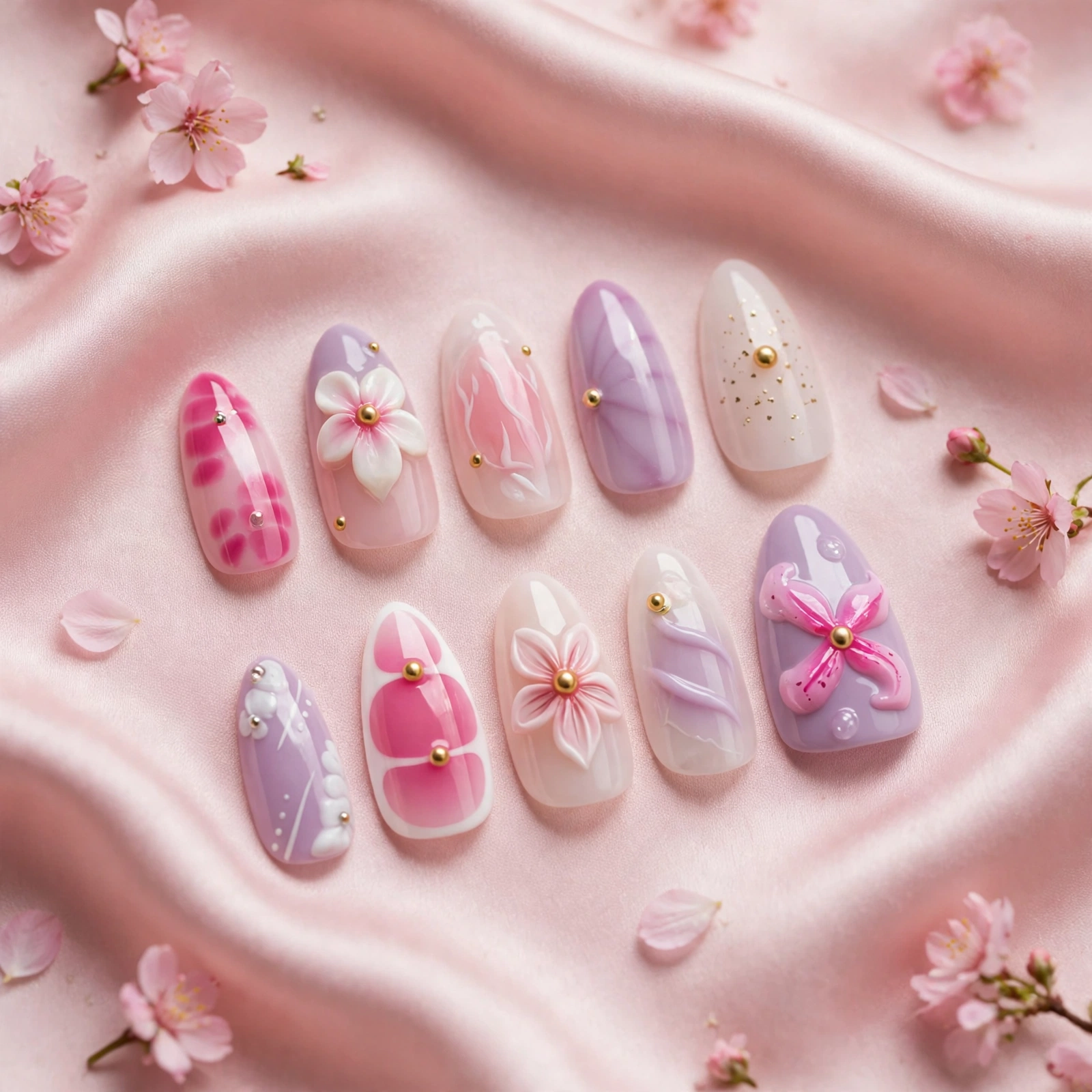 Fashion Nail Floral Print Pink Butterfly Gem Press-On Nails thumbnail 2