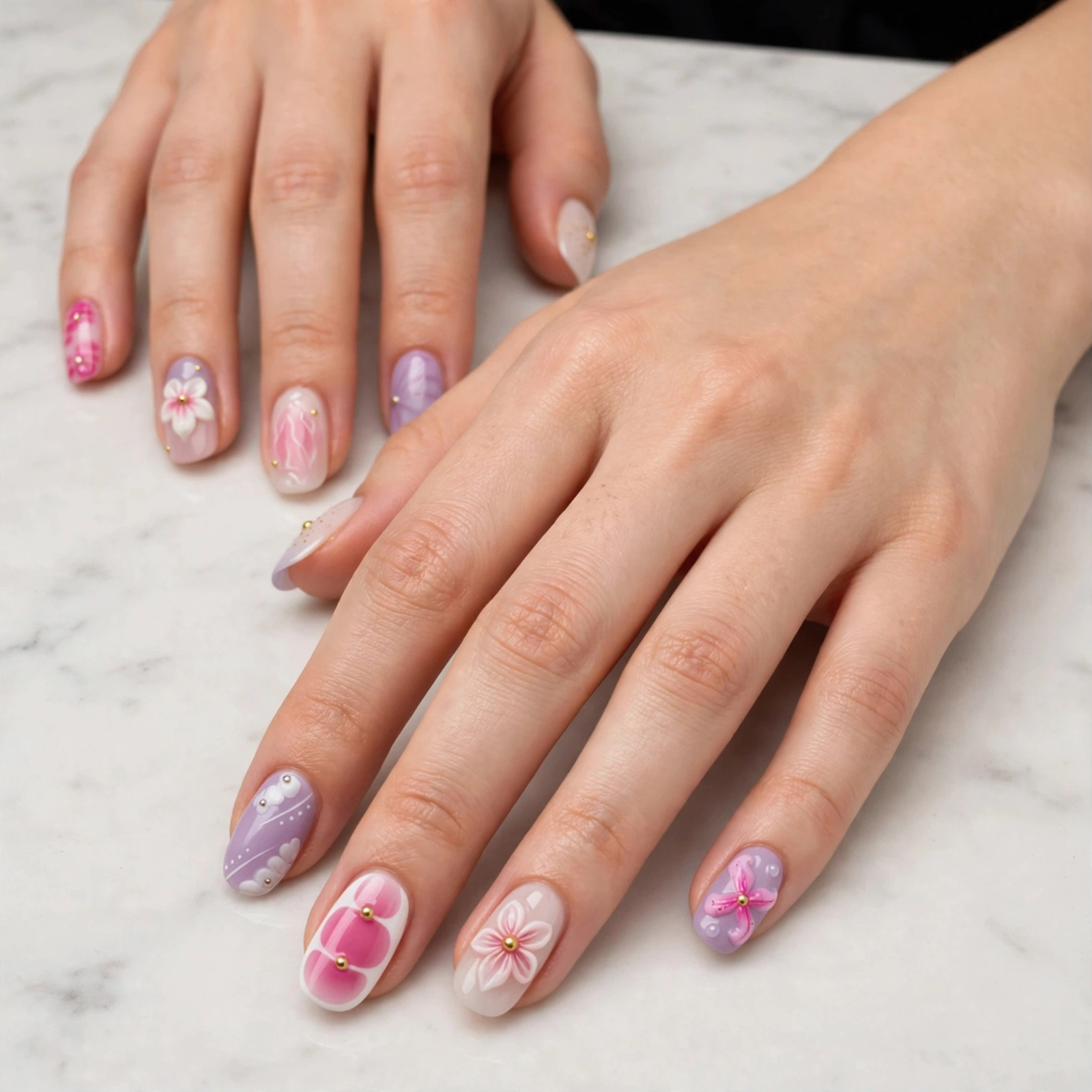 Fashion Nail Floral Print Pink Butterfly Gem Press-On Nails thumbnail 3