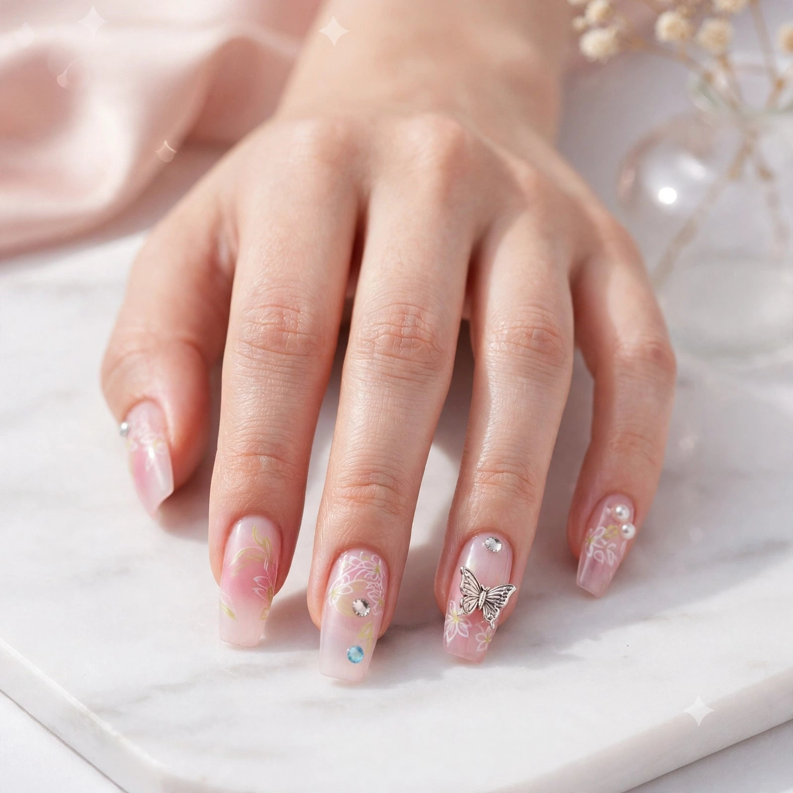 Fashion Nail Pink Ombre Floral & Star Rhinestone Nails thumbnail 3
