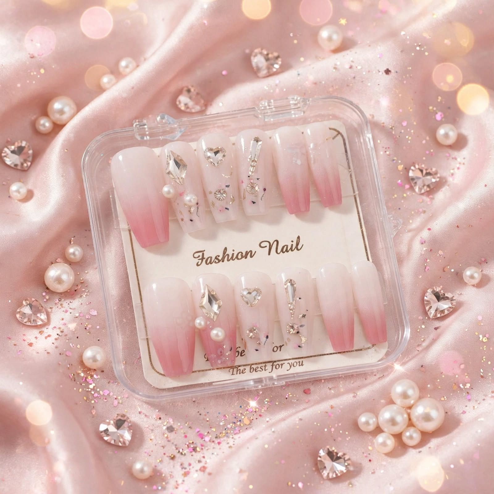 Fashion Nail Pink Ombre Heart & Pearl Press-On Nails thumbnail 2