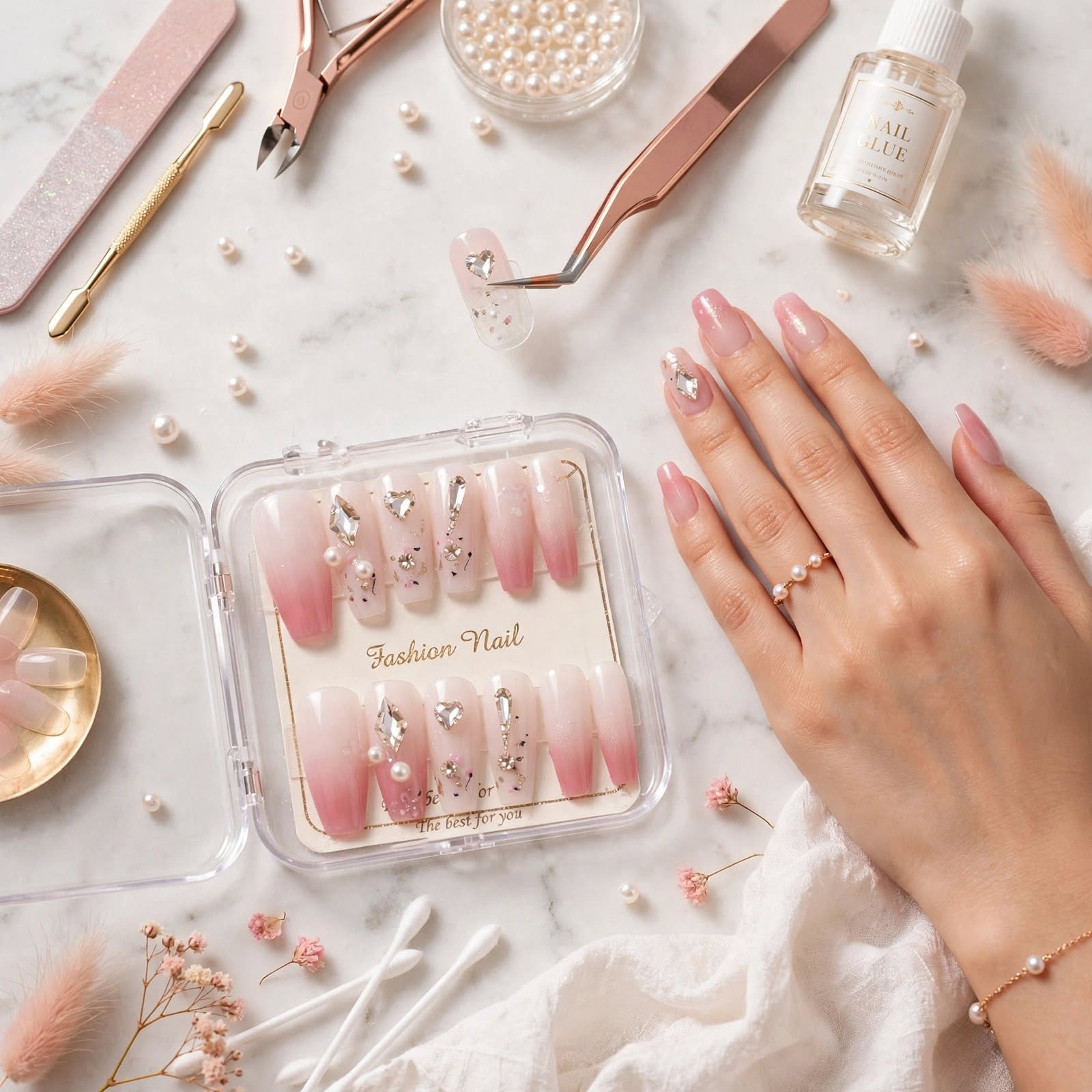 Fashion Nail Pink Ombre Heart & Pearl Press-On Nails thumbnail 3