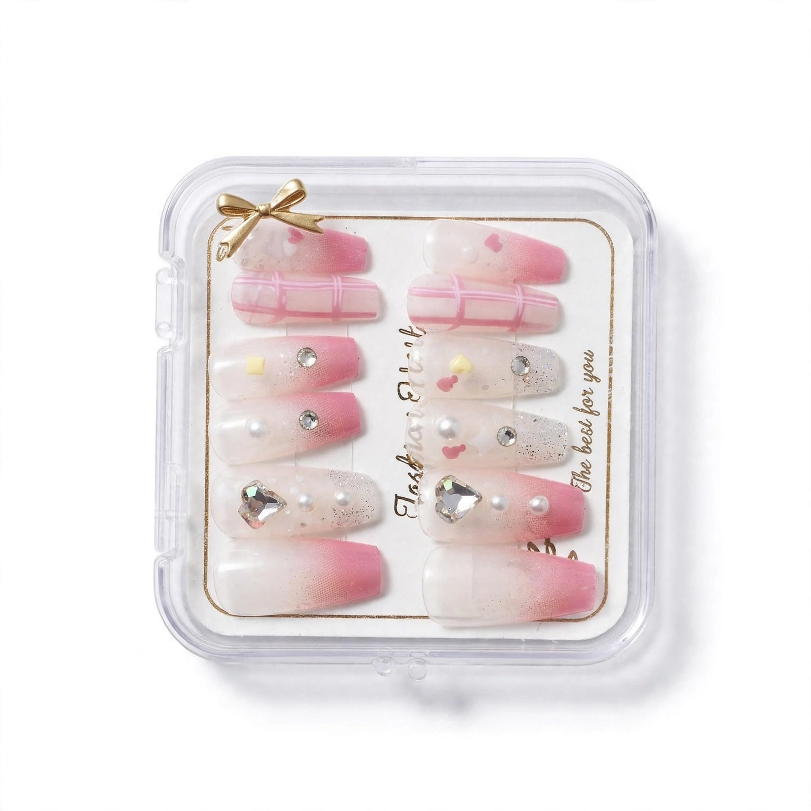 Fashion Nail Pink Plaid & Gold Bow Rhinestone Press-On Nails