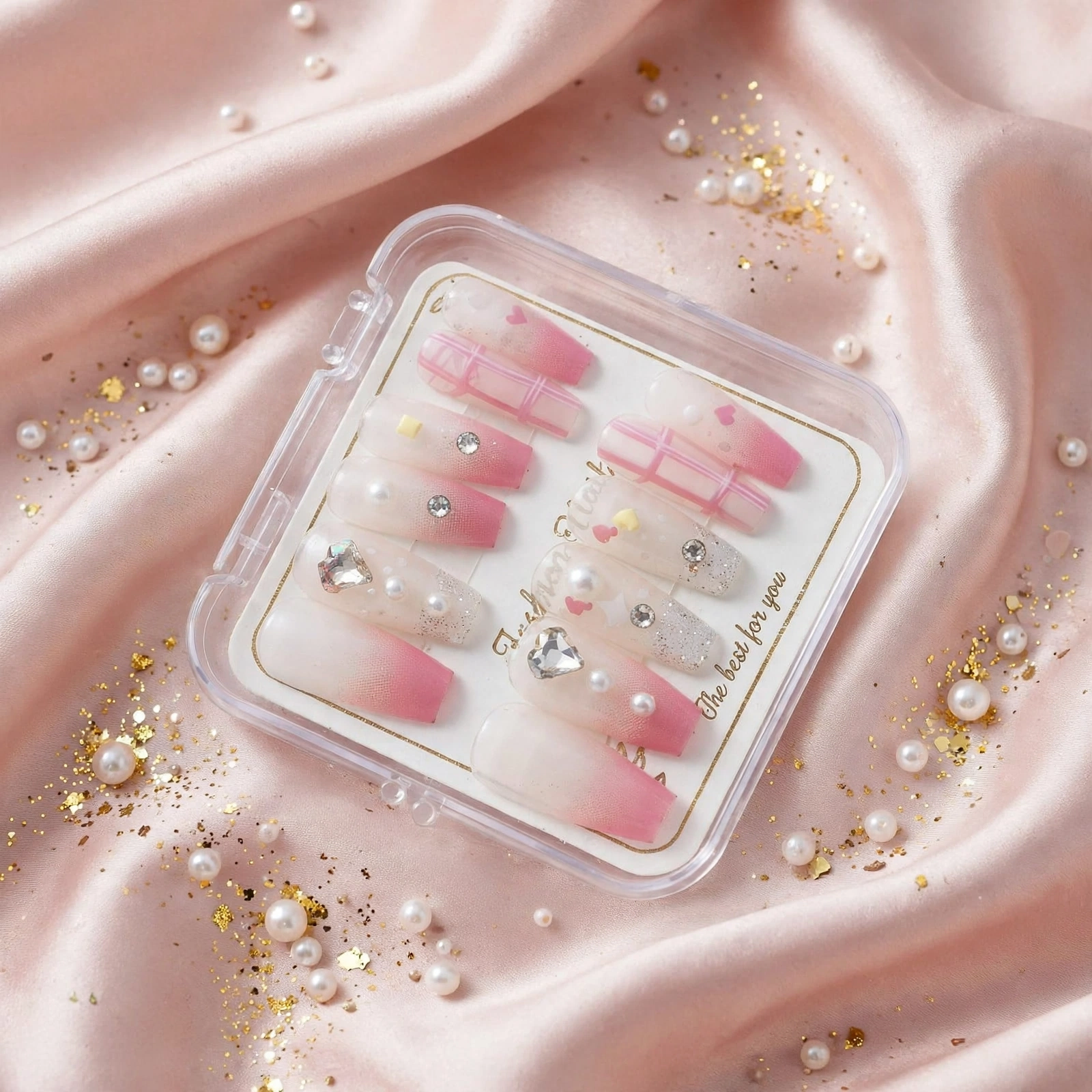 Fashion Nail Pink Plaid & Gold Bow Rhinestone Press-On Nails thumbnail 2