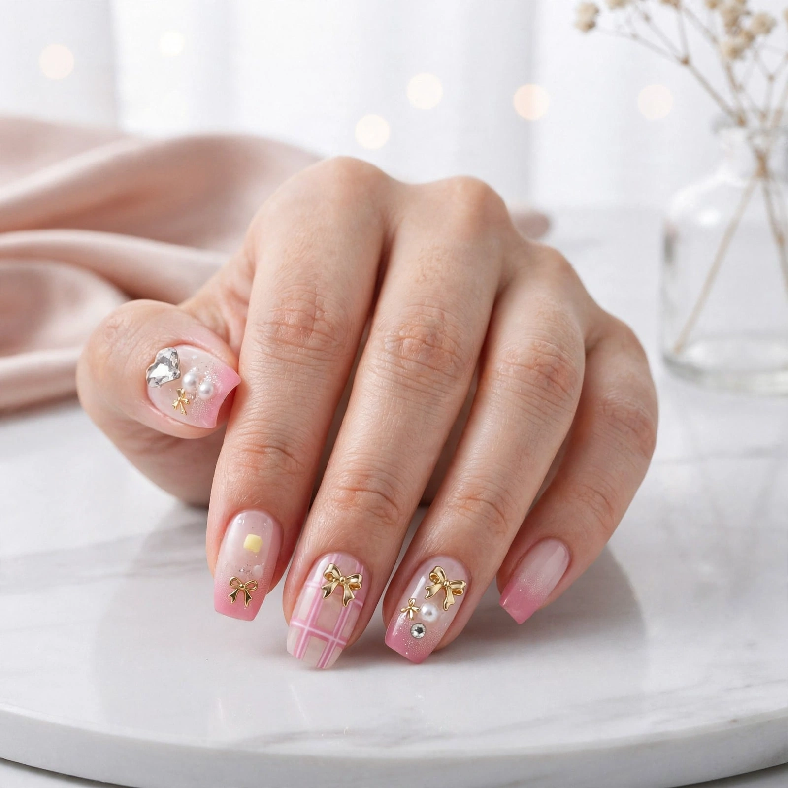 Fashion Nail Pink Plaid & Gold Bow Rhinestone Press-On Nails thumbnail 3