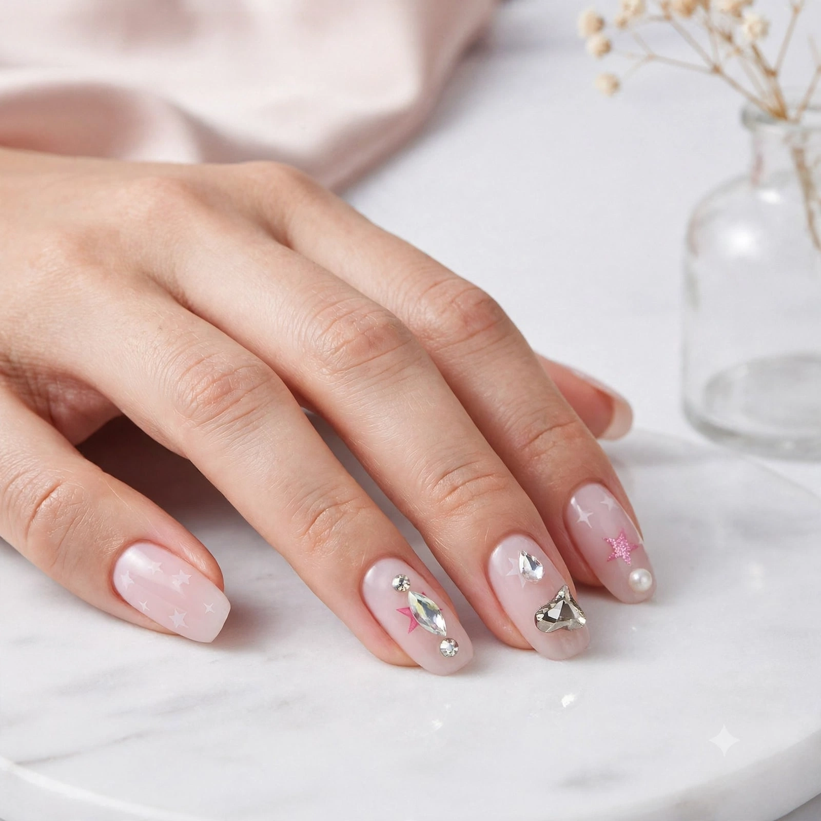 Fashion Nail Pink Star & Heart Gem Press-On Nails thumbnail 3