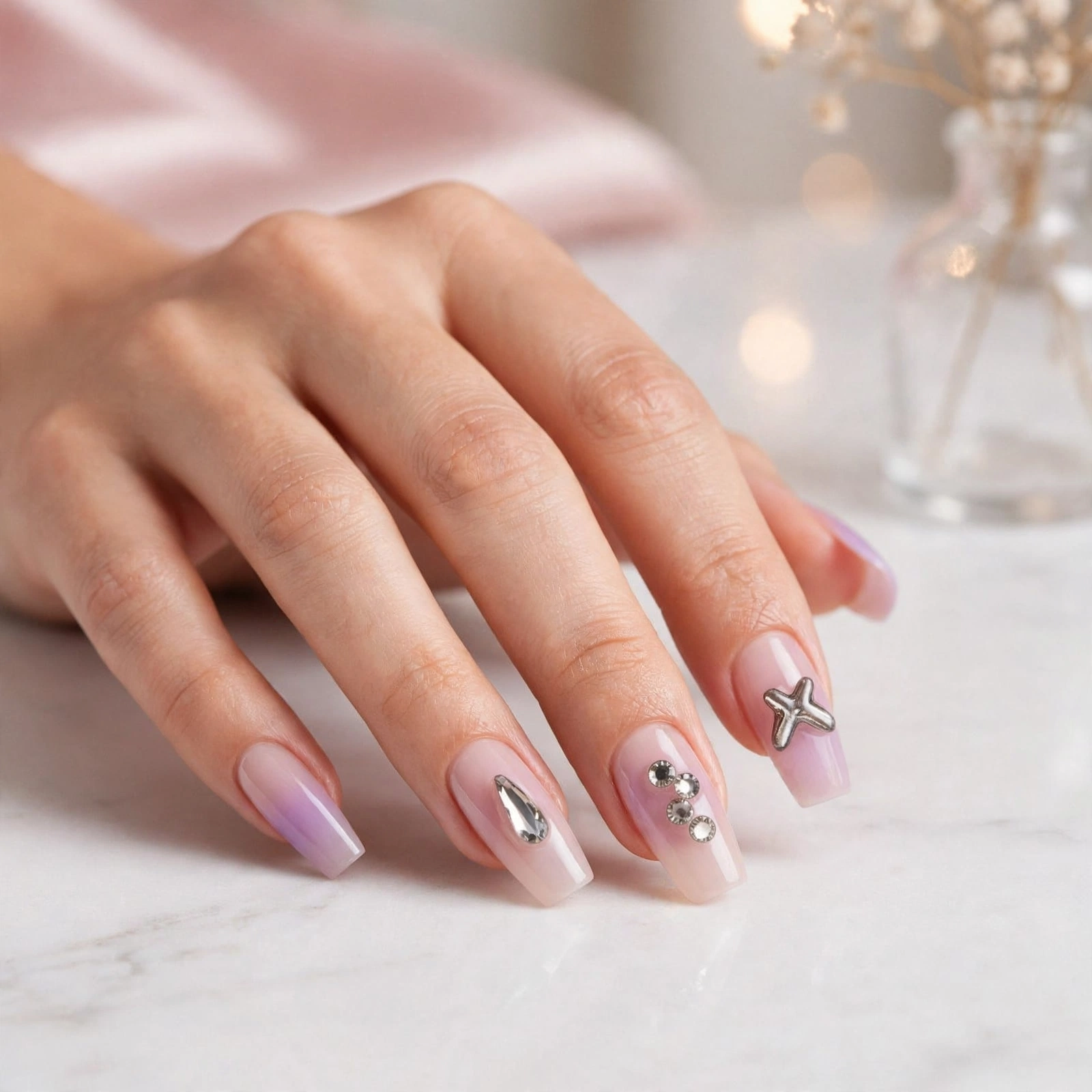 Fashion Nail Purple Ombre Silver Charm Press-On Nails thumbnail 3
