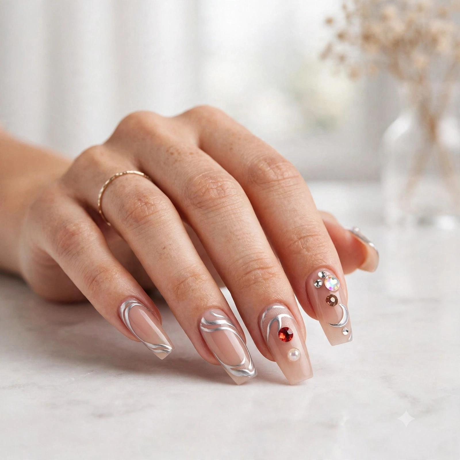 Fashion Nail Silver Swirl Rhinestone Press-On Nails thumbnail 3