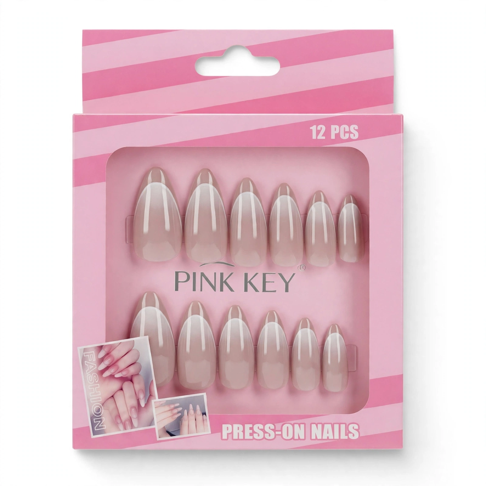 Pink Key Classic French Tip Press-On Nails Set (12 Pcs) thumbnail 1