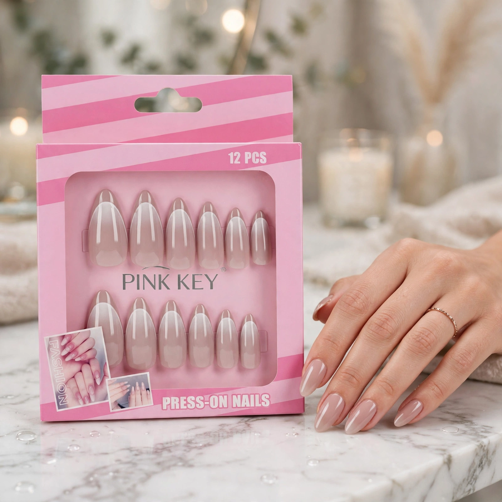 Pink Key Classic French Tip Press-On Nails Set (12 Pcs) thumbnail 3