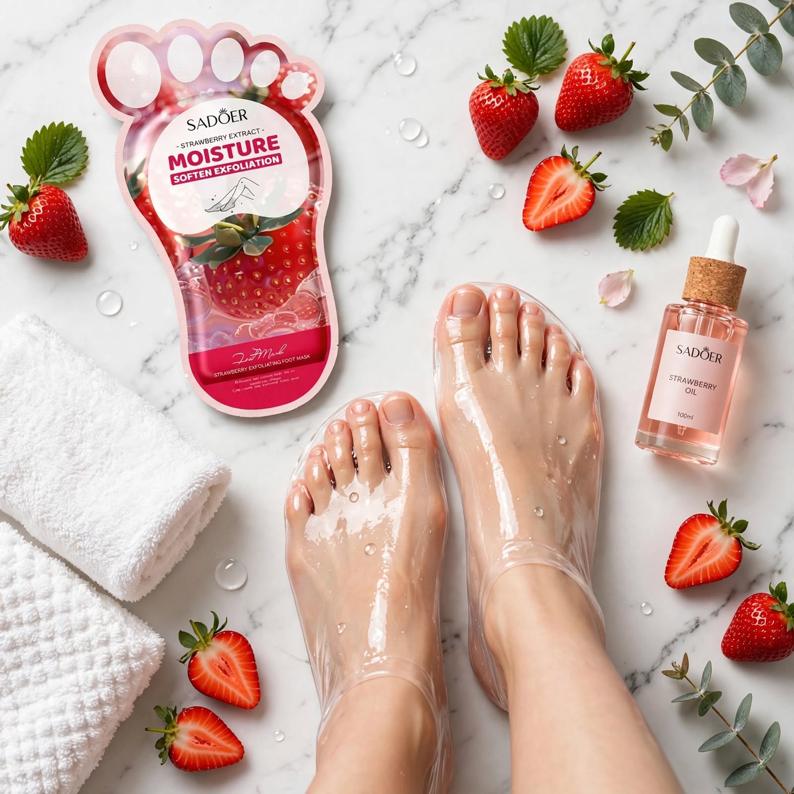Sadoer Strawberry Extract Moisture Soften Exfoliation Foot Mask